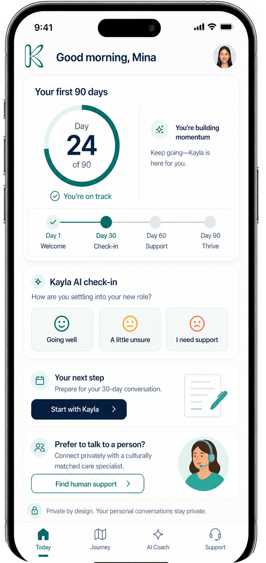 Kayla employee 90-day onboarding mobile dashboard